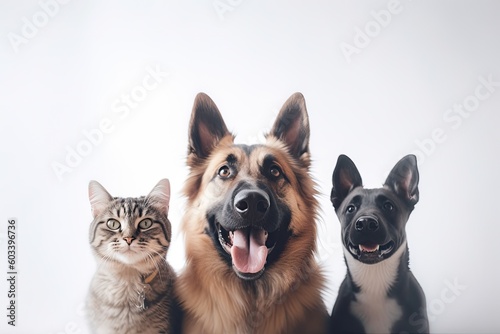 Portrait of dogs and cats looking at the camera in front of a white background, Generative AI