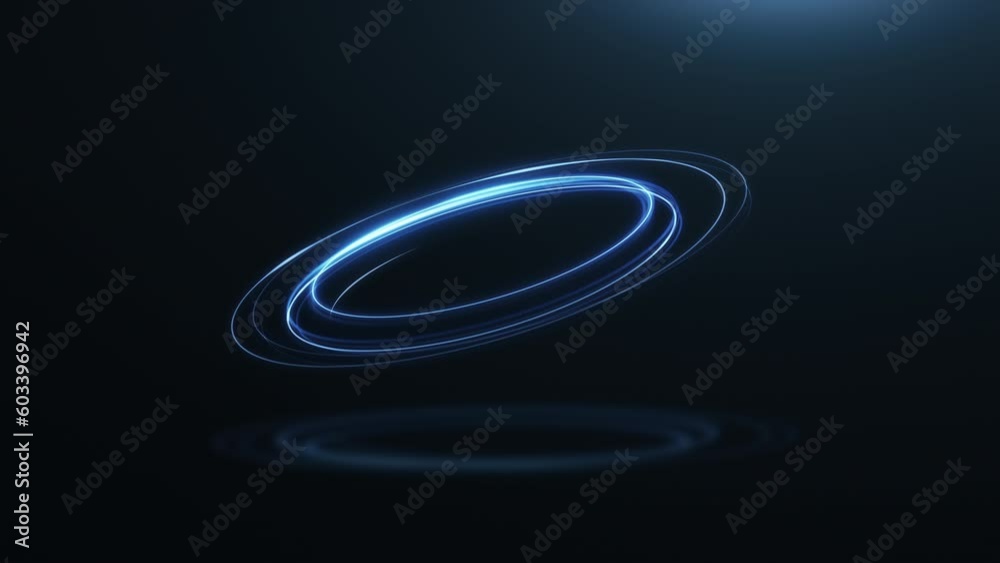 Loop circular neon blue light with glitter particles on black background