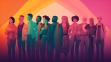  a group of people standing in front of a colorful background.  generative ai