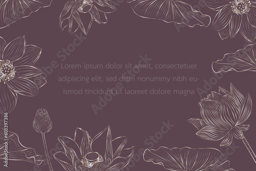 Lotus flower silver line art onpurple template for texts