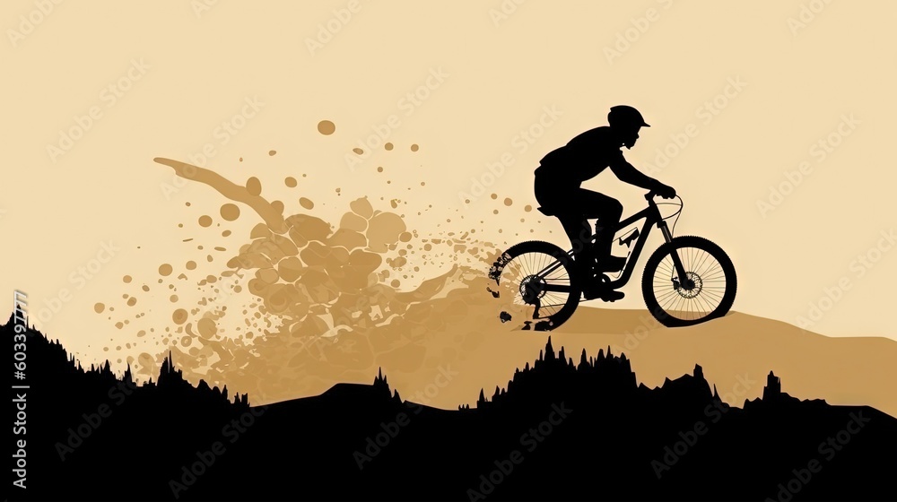  a man riding a bike down a dirt road next to a forest.  generative ai