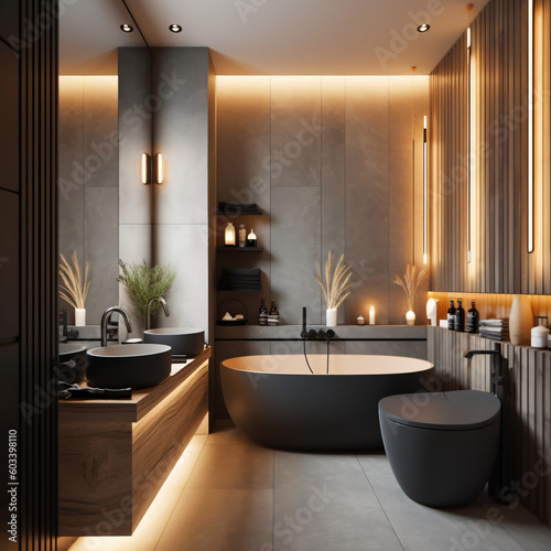 modern bathroom interior with toilet and bath in gray with wood elements.