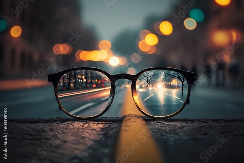 glasses on the road, vision problem, difference in vision with and without glasses, Generative AI prescription glasses, vision correction photo