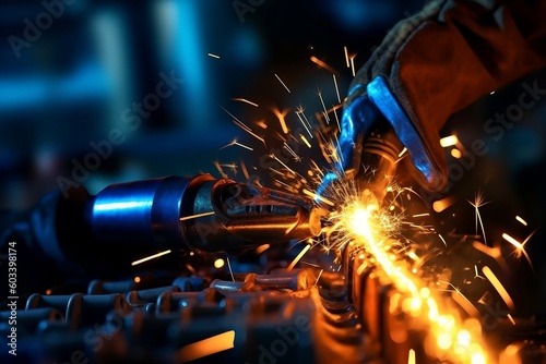 welding steel. welder, many sparks, Generative AI, welding, metal fabrication, welding process