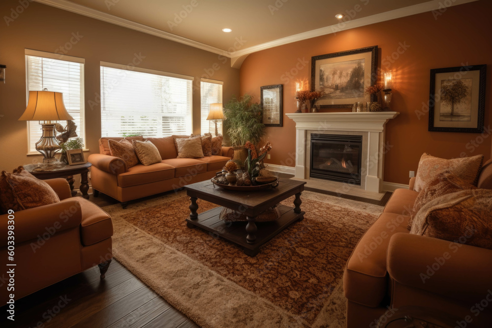 A cozy and inviting living room with a fireplace, plush sofas, and a soft area rug, creating a warm and welcoming ambiance. Generative AI A cozy and inviting living room with a fireplace, plush sofas, and a soft area rug, creating a warm and welcoming ambiance. Generative AI