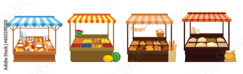 Street Market Stall and Stand with Awning and Various Products Vector Set