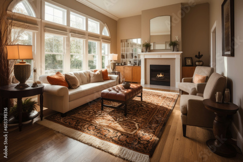 A cozy and inviting living room with a fireplace, plush sofas, and a soft area rug, creating a warm and welcoming ambiance. Generative AI