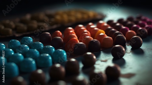  a close up of many different colored candies on a table. generative ai