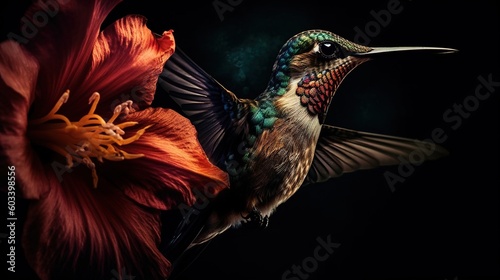  a colorful hummingbird flying next to a flower on a black background.  generative ai © Nadia