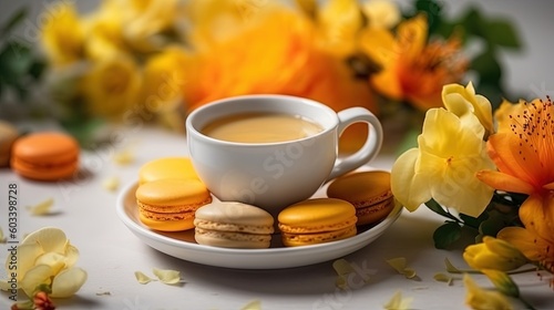  a cup of coffee next to a plate of cookies and flowers. generative ai