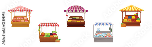 Street Market Stall and Stand with Awning and Various Products Vector Set