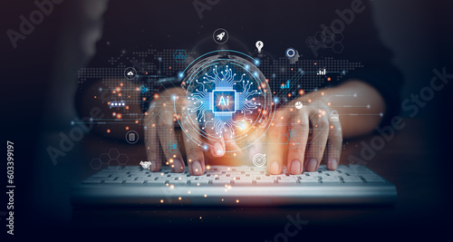 Humans type the keyboard by working with AI, Artificial Intelligence, Learning Business Internet Technology Concepts in futuristic business, and developing innovations for future technology changes.