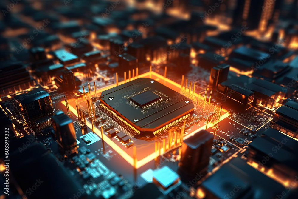 © ADDICTIVE STOCK - close up of a microchip circuit interior of a computer with neon lights in detail, circuit board.
