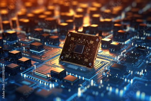 close up of a microchip circuit interior of a computer with neon lights in detail, circuit board.