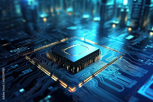 close up of a microchip circuit interior of a computer with neon lights in detail, circuit board.