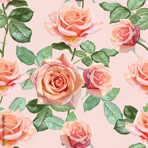 Pink Rose bouquet seamless pattern on pink background
