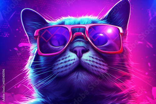 Neon Cyberpunk Cat Futuristic Pop Art Portrait. Purple Lights. Generative AI © Usmanify