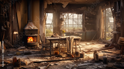old messy house with fireplace generative ai