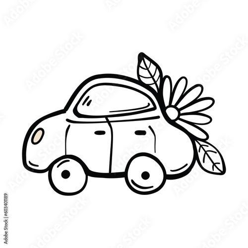 Doodle illustration of a retro car with flowers. Cute car in cartoon style. Cute car with flowers, black outline. Drawn by hand. Isolated on white background.
