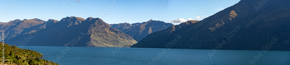 Panorama of a lake in the Central Otago region of New Zealand