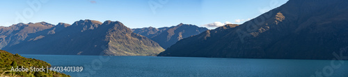 Panorama of a lake in the Central Otago region of New Zealand