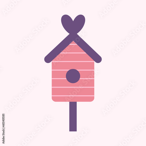 Cute pink wooden birdhouse. Bird house for tree, fence, roof. Flat vector illustration isolated on white background