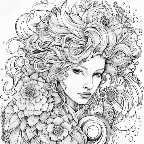 Black and white line art coloring page ,long hair lady