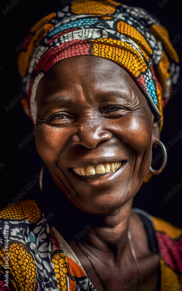Fototapeta premium Close-up portrait of a elderly African smiling woman - ai generative