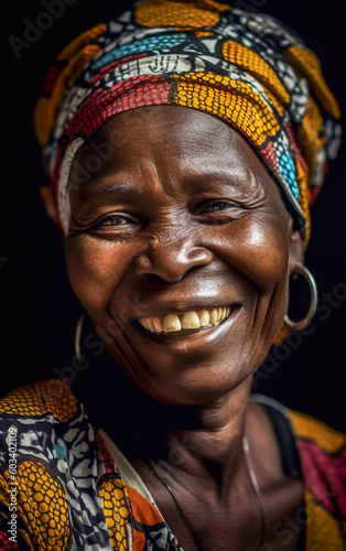 Close-up portrait of a elderly African smiling woman - ai generative