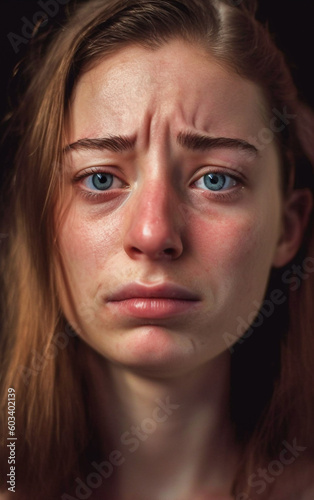 Emotional photography capturing a young woman posing for a close - up portrait, her looking is really sad - ai generative
