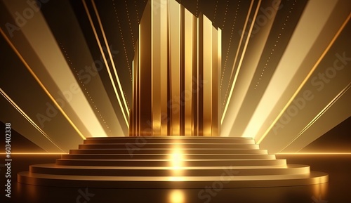 Empty Golden podium scene with light rays effect by ai generative