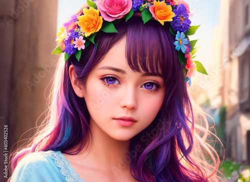 Portrait beautiful girl with flowers on her head. Woman with flower arrangement on head. Generative AI.