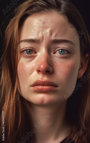 Emotional photography capturing a young woman posing for a close - up portrait, her looking is sad - ai generative