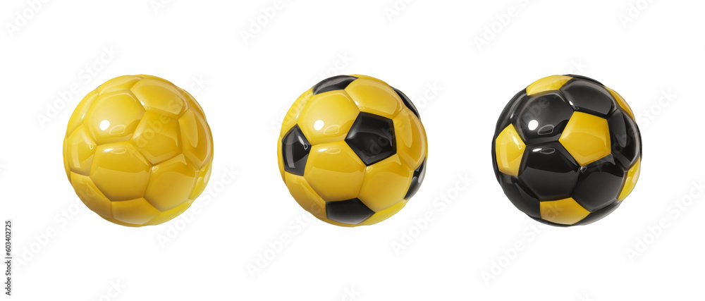 Yellow and black glossy football balls isolated design elements on transparent background. Colorful soccer balls collection. 3d design elements. Sports close up icons