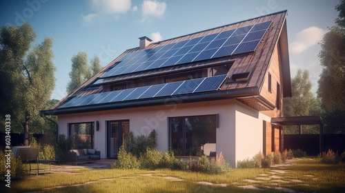 Full view of modern house with Solar panels on the roof. 3D rendering illustration by ai generative