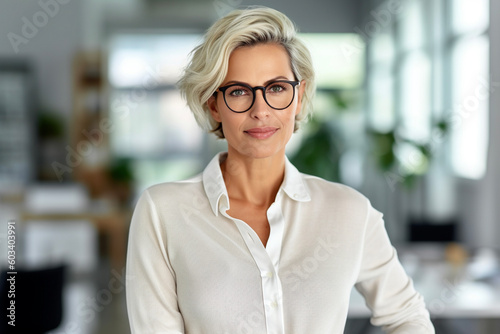 Portrait of a beautiful business woman in her 40s or 50s. The female is dressed in stylish clothes with short hair. Woman CEO  lawyer  real estate agent. Generative AI