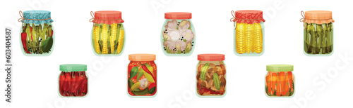 Closed with Lid Glass Jar with Preserved Food Vector Set