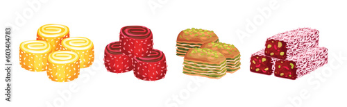 Turkish Delight or Arabic Sweet and Sugary Dessert Vector Set