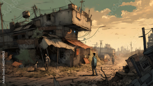 A post-apocalyptic comic landscape, with decaying cityscapes, overgrown vegetation, and rugged survivors navigating a desolate world, creating a visually impactful. Generative AI