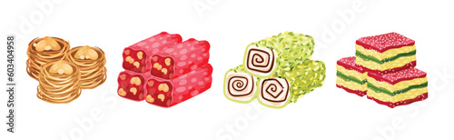 Turkish Delight or Arabic Sweet and Sugary Dessert Vector Set