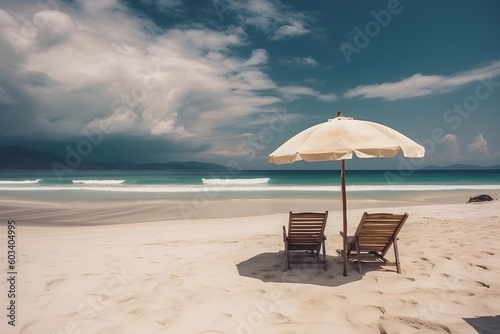 Beautiful vacation background. White sand, chairs and umbrella travel tourism wide panorama background concept. Beautiful beach landscape  © Skrotaa