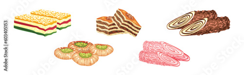 Turkish Delight or Arabic Sweet and Sugary Dessert Vector Set