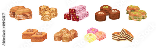 Turkish Delight or Arabic Sweet and Sugary Dessert Vector Set