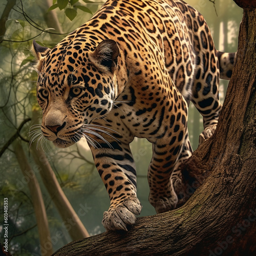 jaguar walking on the branch of a tree