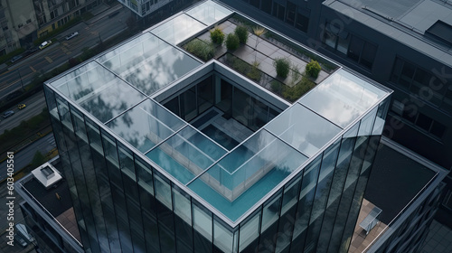 Modern office building with pool in roof, blue toned image