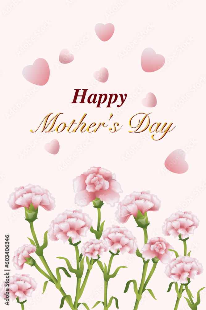 Happy mother's day. Festive card with realistic pink carnation flowers and hearts. Vector stock illustration
