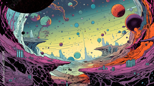 A retro comic-style outer space landscape, with colorful planets, swirling galaxies, and futuristic spacecraft, taking viewers on an intergalactic adventure filled with wonder. Generative AI photo