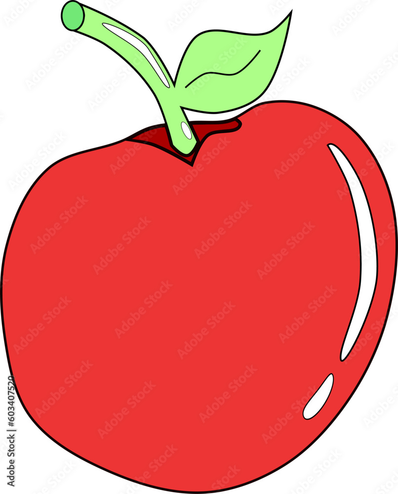 Manzana roja con hoja verde. Fruta roja. Manzana aislada. Dibujo simple en vector.