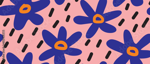 Hand Drawn Irregular Floral Seamless Vector Pattern. Royal Blue Color Daisy Isolated on a Coral Pink Background. Simple Abstract Garden Repeatable Design. Floral Endless Print ideal for Fabric.