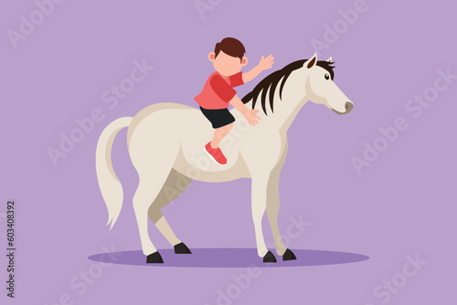 Character flat drawing adorable little boy riding horse at village. Cheerful child sitting on back horse with saddle in ranch park. Happy kid learning to ride horse. Cartoon design vector illustration